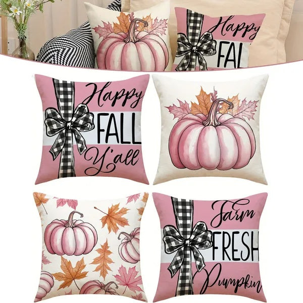 Set of decorative pillows with fall-themed designs featuring pumpkins, leaves, and text.