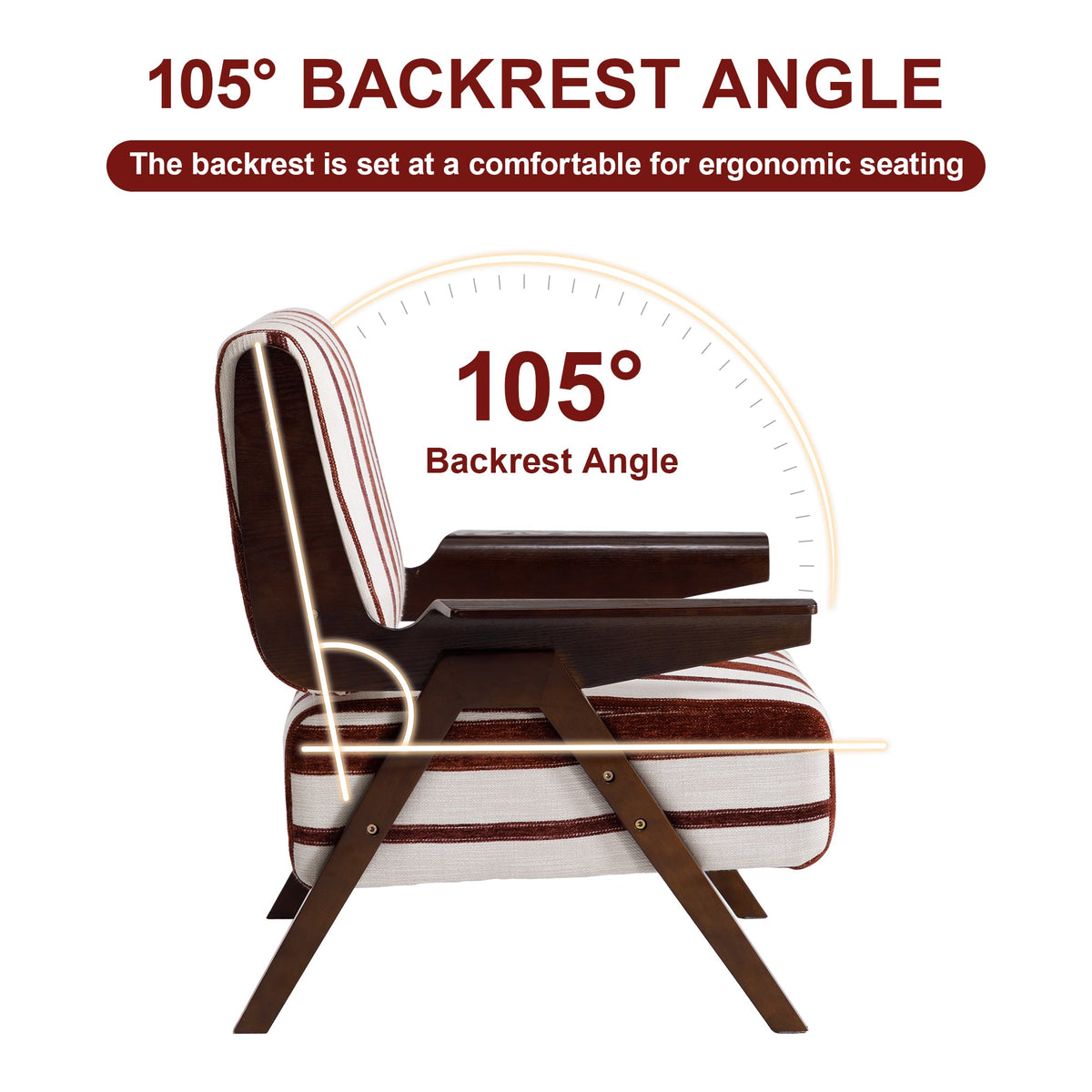 Chair with 105-degree backrest angle highlighted on a white background