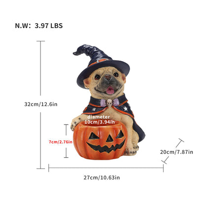 Halloween dog figurine wearing a witch hat and cape, sitting on a carved pumpkin, with overlaid dimensions and weight on a white background.