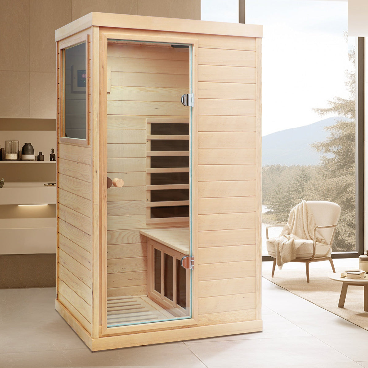 A light natural wood single-room sauna with a glass door and interior bench, shown in a modern bathroom setting with a window view of trees and mountains.