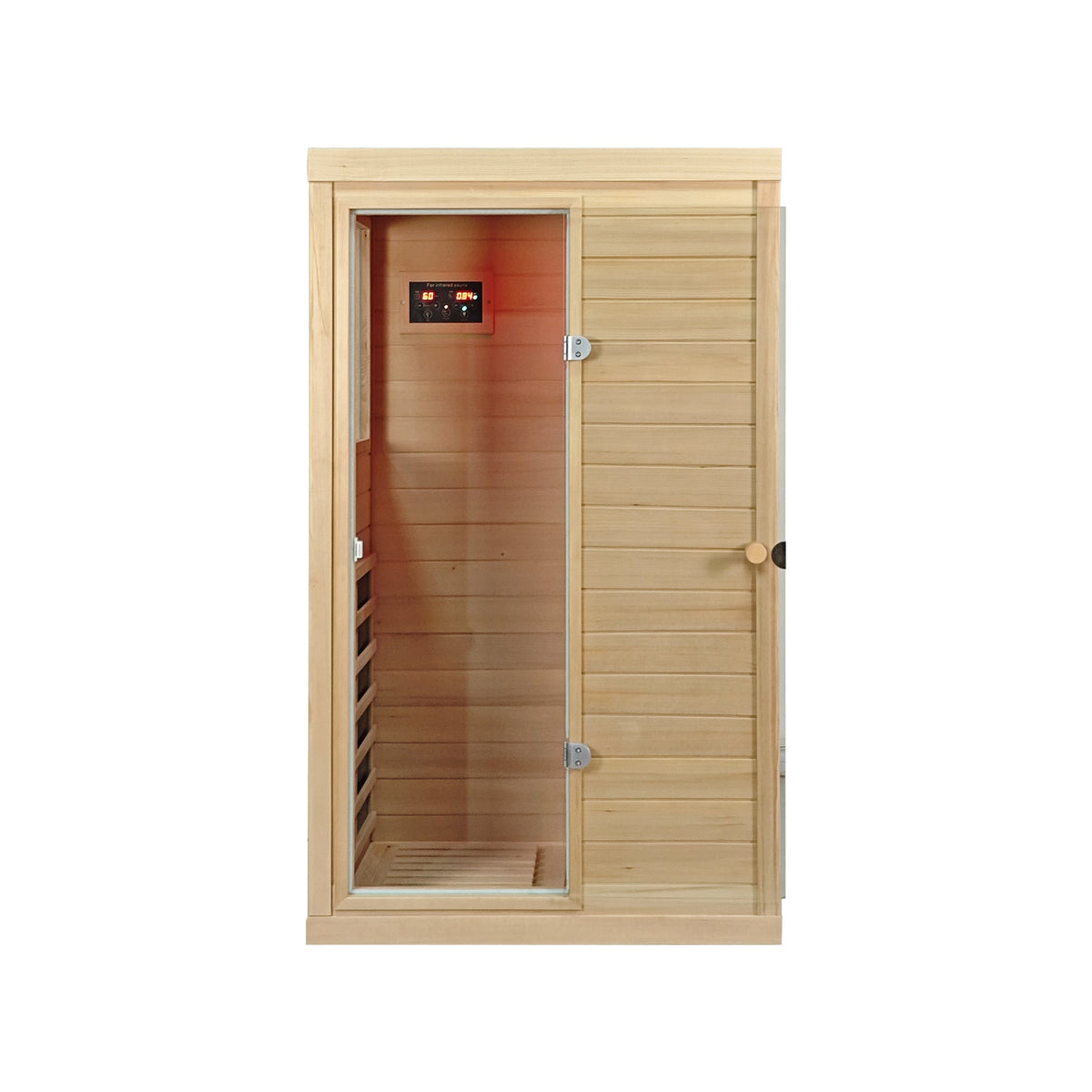 A wooden infrared sauna cabin with a glass door showing the interior, a digital control panel on the upper left, and a light wood exterior on a white background.
