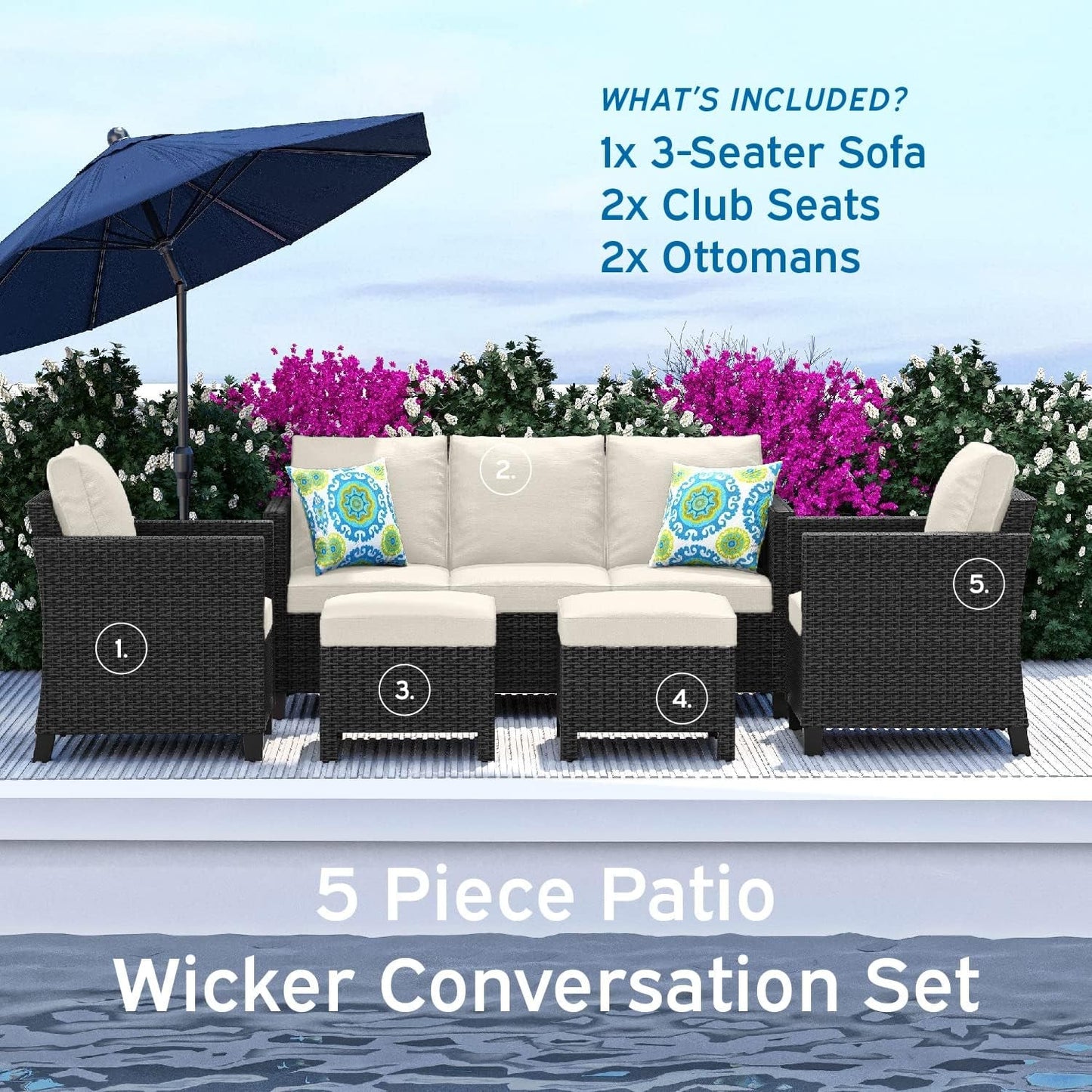 Patio Furniture Set - Outdoor Patio Furniture Sets, Patio Sectional Furniture Set, 5 Piece Patio Furniture Sets, Patio Conversation Sets, Black Wicker Patio Furniture with off White Cushions