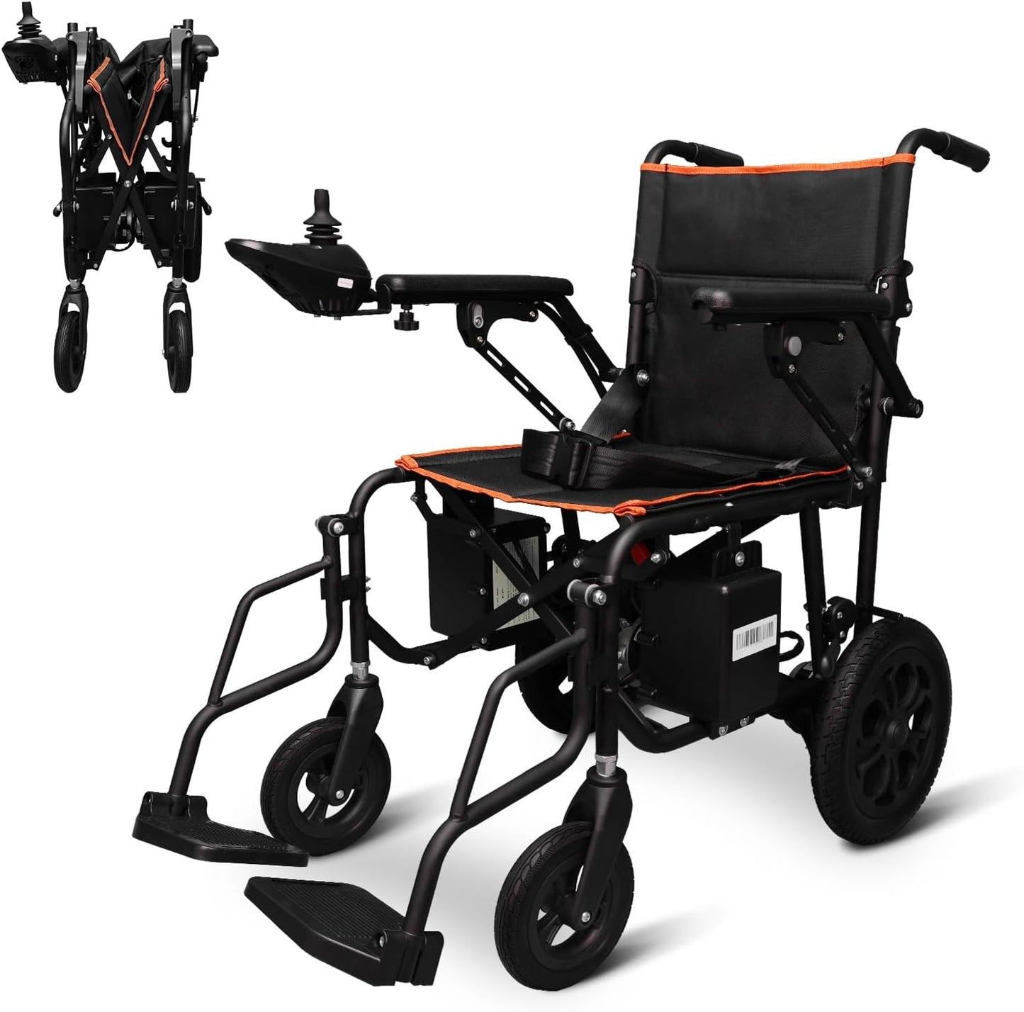Black and orange electric wheelchair with folded legs on a white background