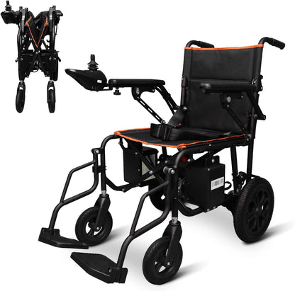 Black and orange electric wheelchair with folded legs on a white background