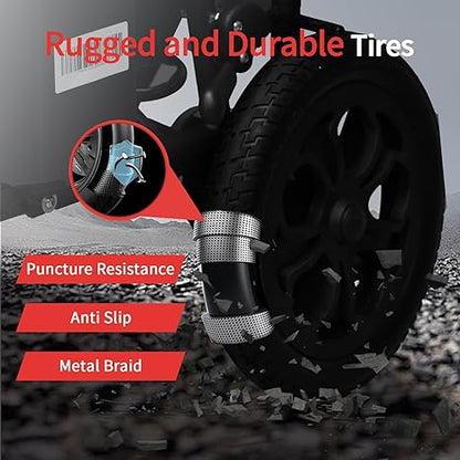 Black tire with metal braid on a textured surface, featuring text highlighting tire features.