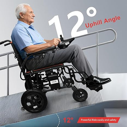 Man using a power wheelchair on a ramp with '12° Uphill Angle' text.