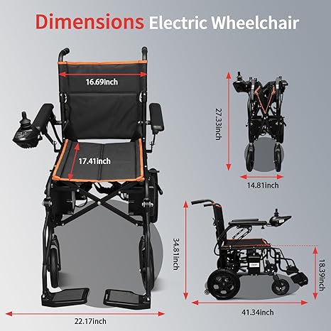 Electric wheelchair with dimensions labeled on a gray background
