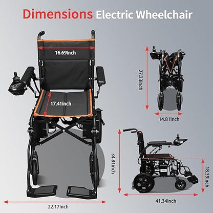 Electric wheelchair with dimensions labeled on a gray background