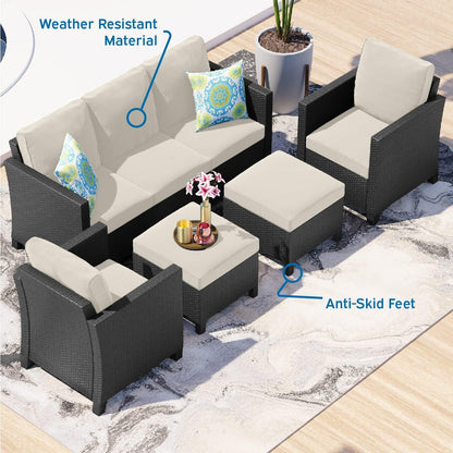 Outdoor patio furniture set with weather-resistant material and anti-skid feet on a rug.
