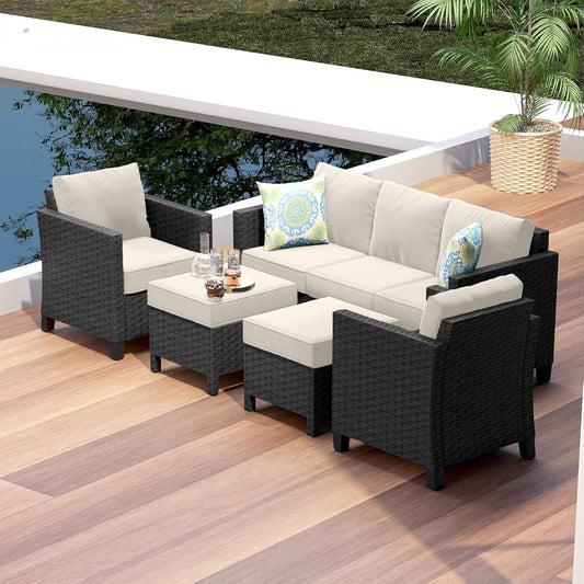 Patio Furniture Set - Outdoor Patio Furniture Sets, Patio Sectional Furniture Set, 5 Piece Patio Furniture Sets, Patio Conversation Sets, Black Wicker Patio Furniture with off White Cushions