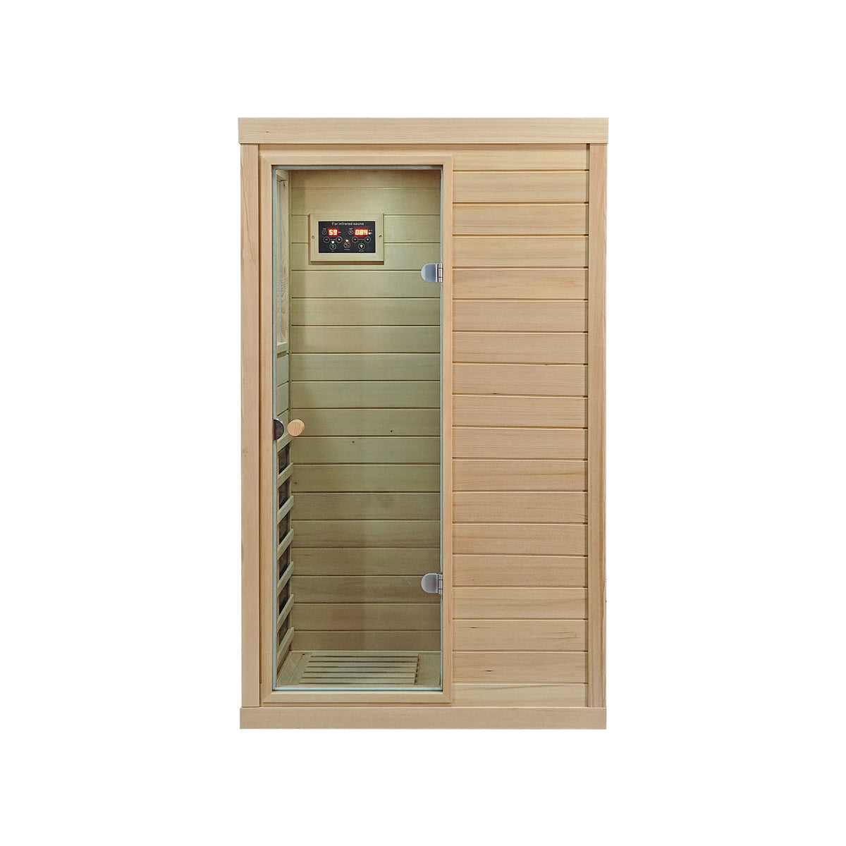 A compact wooden infrared sauna with a glass door, light wood exterior, and interior wood-paneled chamber, shown on a plain white background.