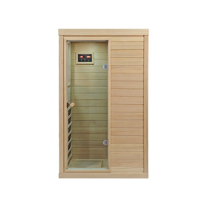 A compact wooden infrared sauna with a glass door, light wood exterior, and interior wood-paneled chamber, shown on a plain white background.