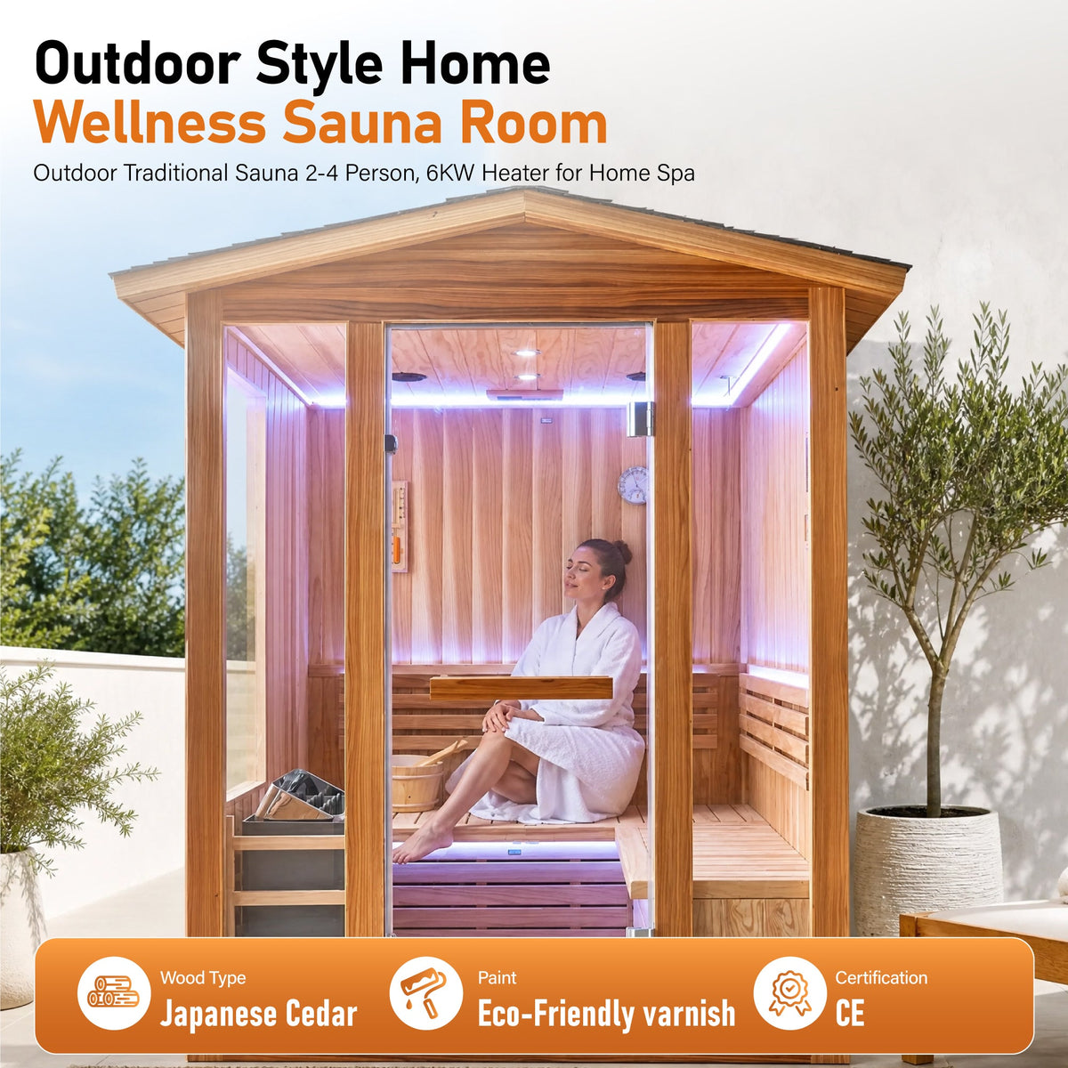 6000W Outdoor Traditional Steam Sauna for 4 People – Cedar Wood Sauna.
