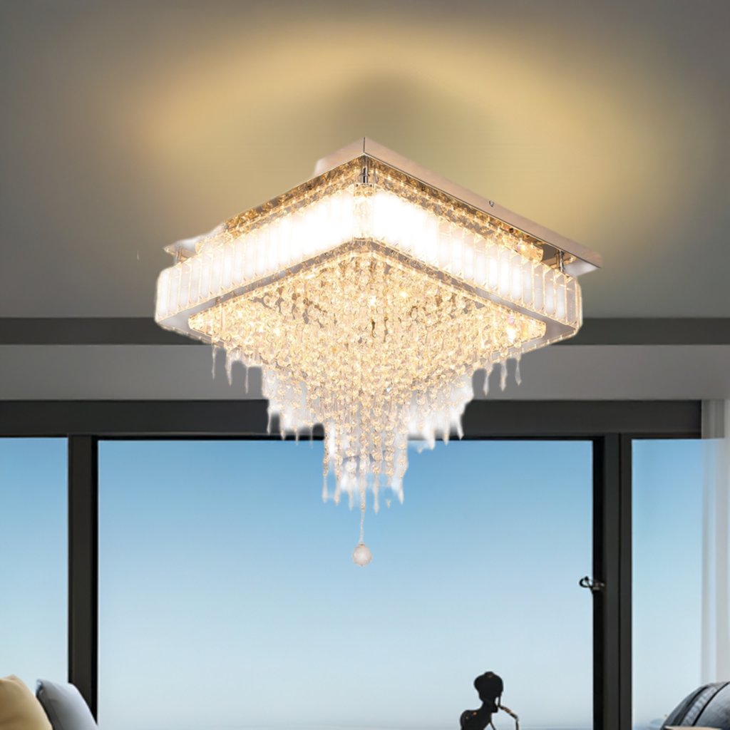 Luxury Crystal Square Bright Led Chandelier Modern Pendant Light Ceiling Lamp Dimmable Flush Mount Bedroom Dinning Living Room Home Fusion
