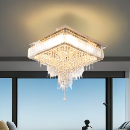 Luxury Crystal Square Bright Led Chandelier Modern Pendant Light Ceiling Lamp Dimmable Flush Mount Bedroom Dinning Living Room Home Fusion