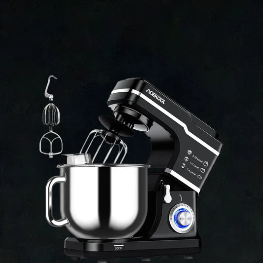 Dough mixer for home with stainless steel bowl, multiple speed settings, and whisk attachments for baking