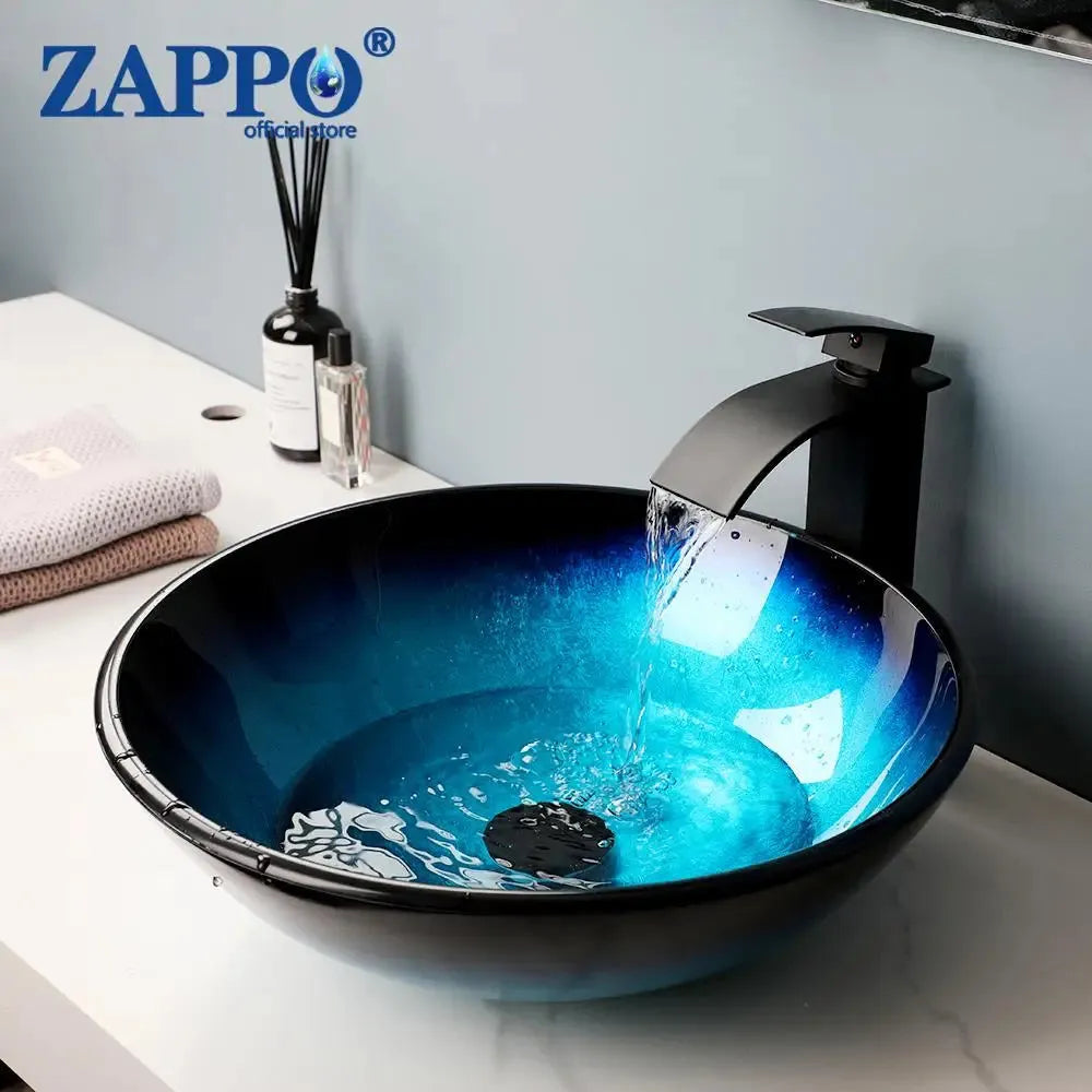 ZAPPO Blue Sinks Glass Vessel  for Bathroom Countertop - Home Fusion