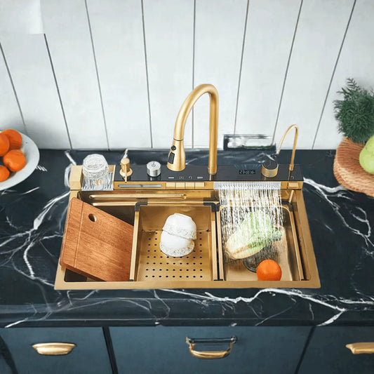 Stainless Steel Kitchen Sink with Faucet 75*45cm Large Single Bowl Digital Display Dish Basin Sink Waterfall Hot Cold Faucets