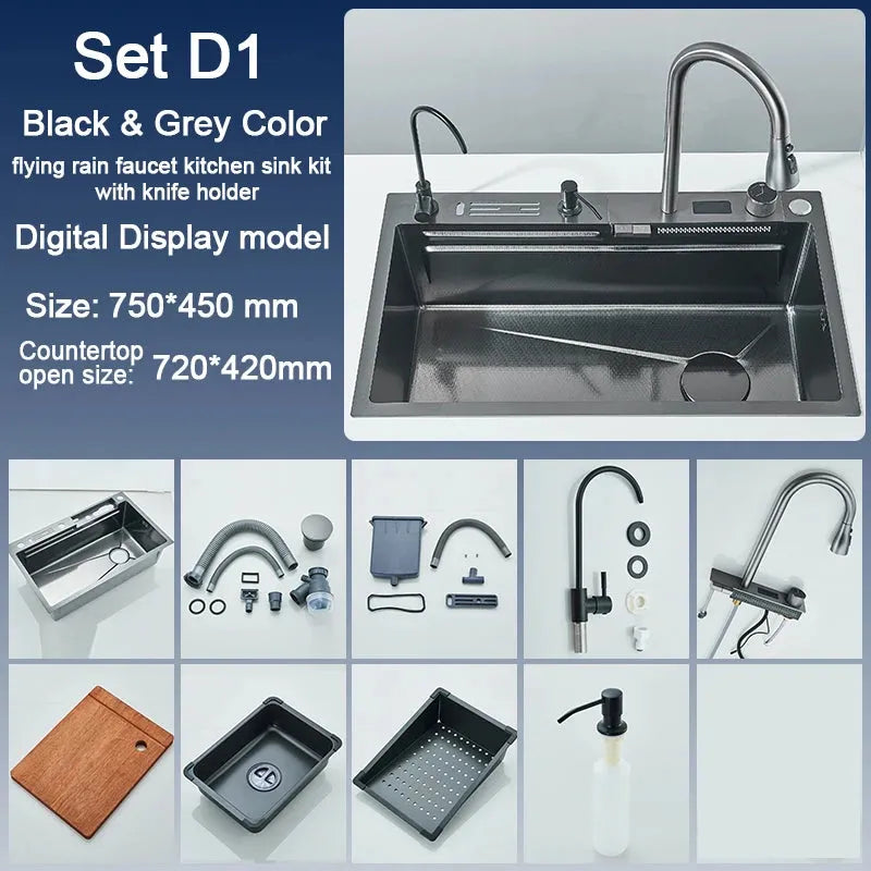 Stainless Steel Kitchen Sink with Faucet Digital Display Large Single Bowl Waterfall Rain 5 Functions System Dish Basin Sink - Home Fusion