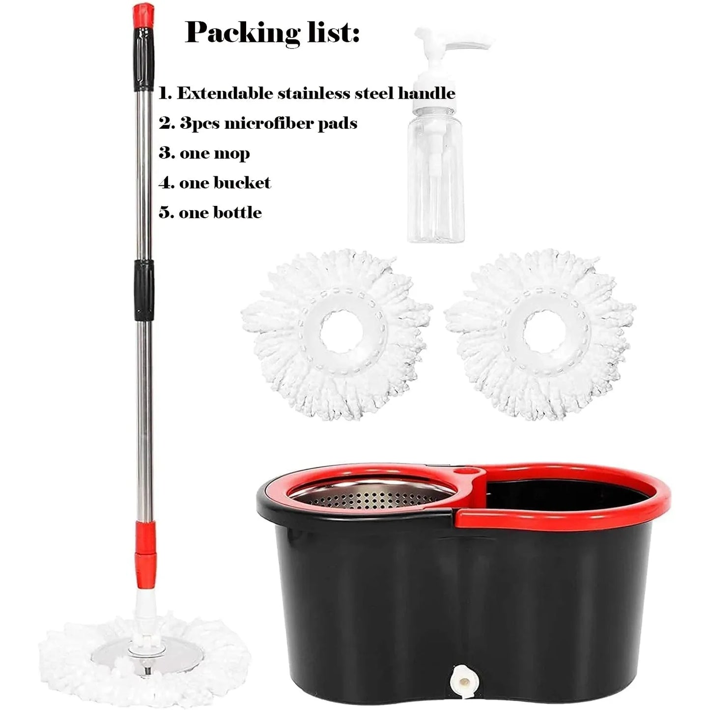 360° Spin Mop Bucket Sets with Wring System in 3 Microfiber Heads, Stainless Steel Basket 61" Extended Handle Floor Cleaning - Home Fusion