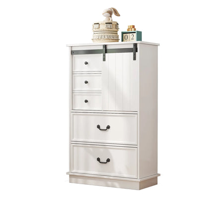 Farmhouse Tall Drawer Chest – 5 Drawers & Sliding Door Storage Shelf - Home Fusion