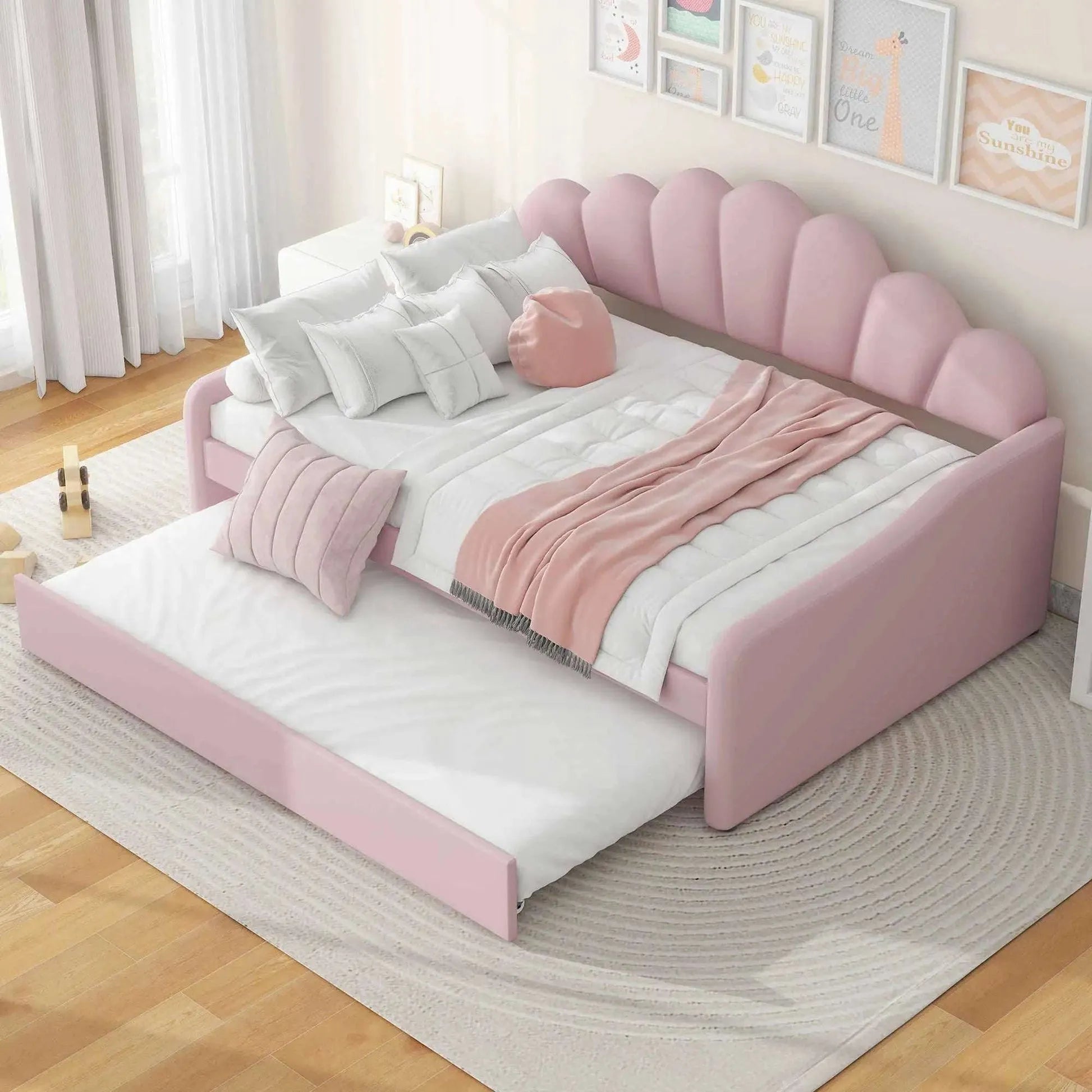 Elegant Full-Size Upholstered Daybed with Shell-Shaped Backrest. - Home Fusion
