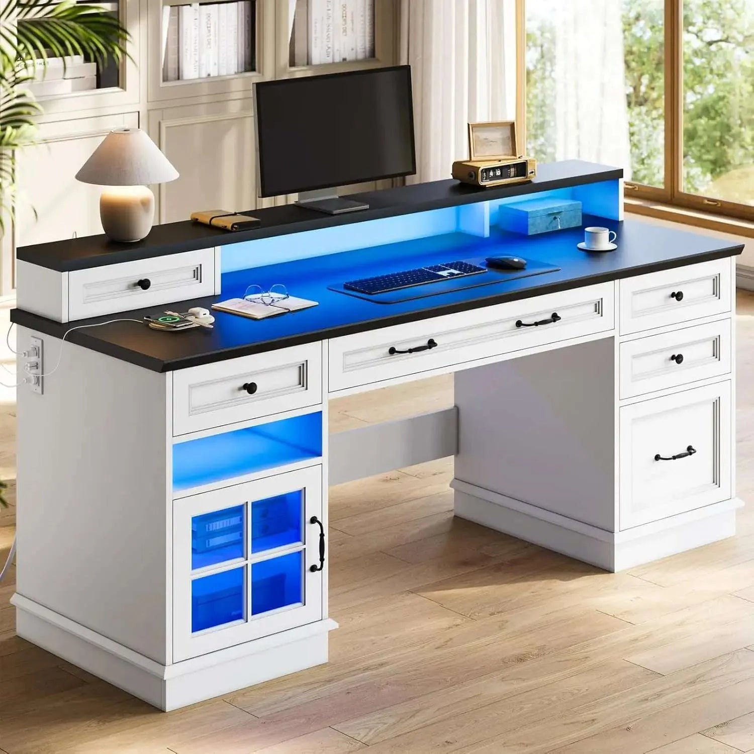 Farmhouse Executive Desk with Drawers Computer Desk with File Drawers, Power Outlet and Led Lights, Executive Office Desk - Home Fusion