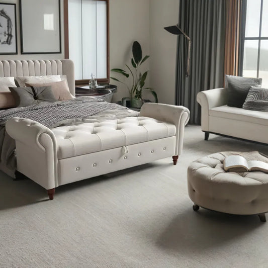 Storage Ottoman Bench, End of Bed Button Tufted Ottoman Bench, Rolled Armed Ottoman Couch Long Bench for Bedroom, Living Room - Home Fusion