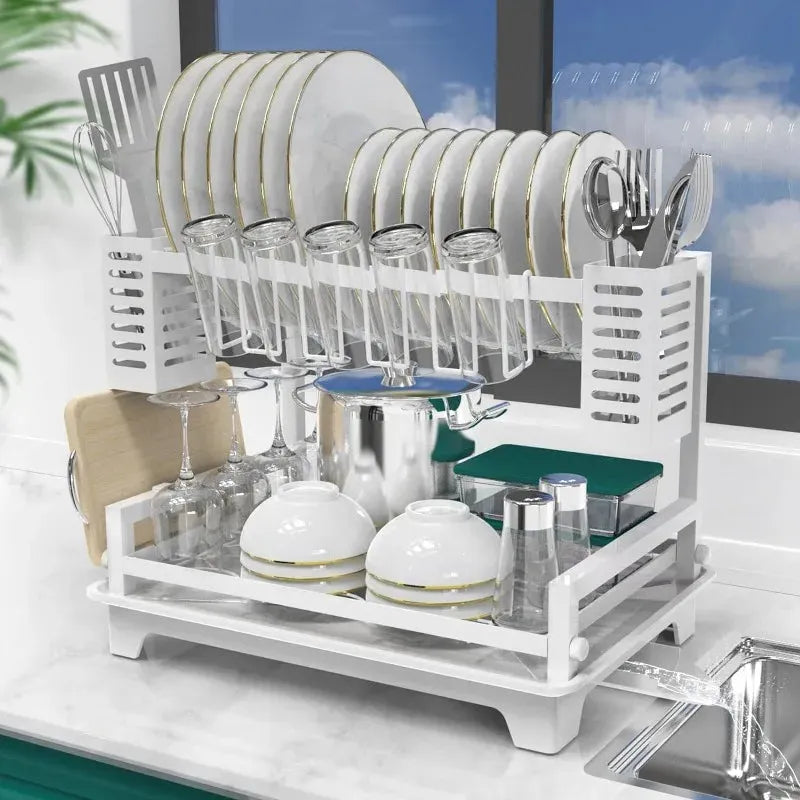 Dish Drying Rack for Kitchen Counter with Drainboard & Utensil Holders - Home Fusion