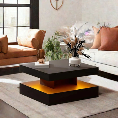 Black LED Coffee Table with Storage for Living Room Modern Smart Tall Square Center Table 2 Tier Display Shelf 20 Colors Light - Home Fusion