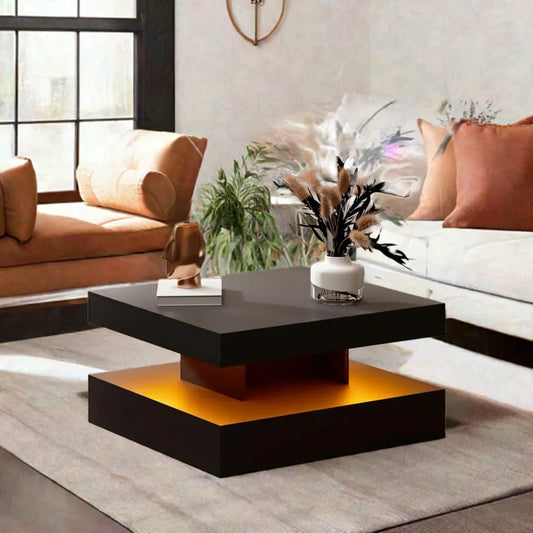 Black LED Coffee Table with Storage for Living Room Modern Smart Tall Square Center Table 2 Tier Display Shelf 20 Colors Light - Home Fusion