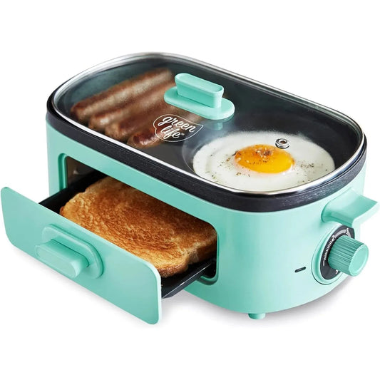 3-in-1 Breakfast Maker Station, Ceramic Nonstick Dual Griddles & Breakfast Sandwiches, 2 Slice Toast Drawer, Turquoise - Home Fusion