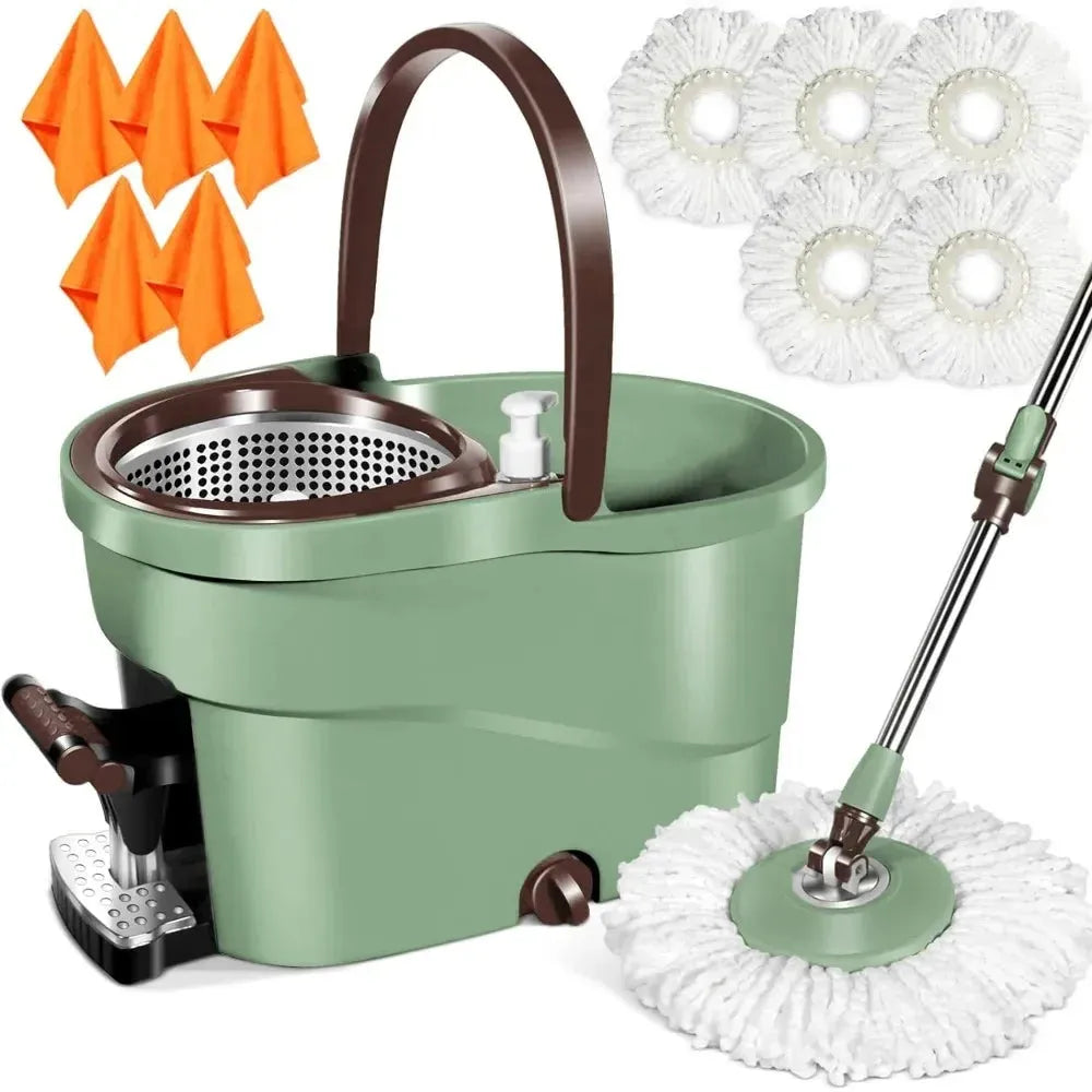 Spin Mop and Bucket with Wringer Set, Floor Cleaning System with Foot Pedal, Easy Wring, Adjustable Handle - Home Fusion