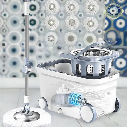 Spin Mop Bucket Deluxe 360 Spinning Floor Cleaning System with 6 Microfiber Replacement Head Refills,62" Extended Handle