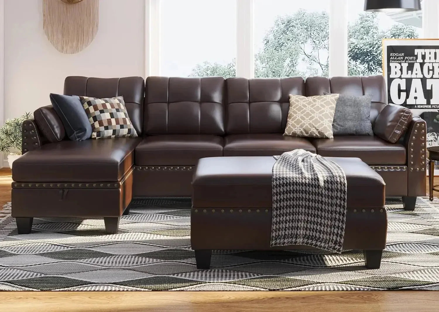 Leather Sectional Sofa with Ottoman - Easy Assembly, Storage Space,Living Room Sofa - Home Fusion