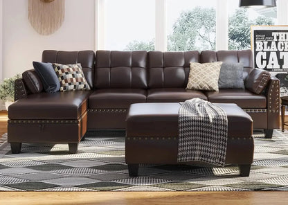 Leather Sectional Sofa with Ottoman - Easy Assembly, Storage Space,Living Room Sofa - Home Fusion