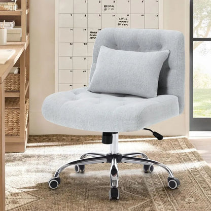 Armless Fabric Office Desk Chair with Wheels, Criss Cross Legged Wide Seat Chair, Modern Home Office Chair with Lumbar Pillow, Comfy Computer Task Chair for Small Space, Vanity Chair for Women, Girls - Home Fusion