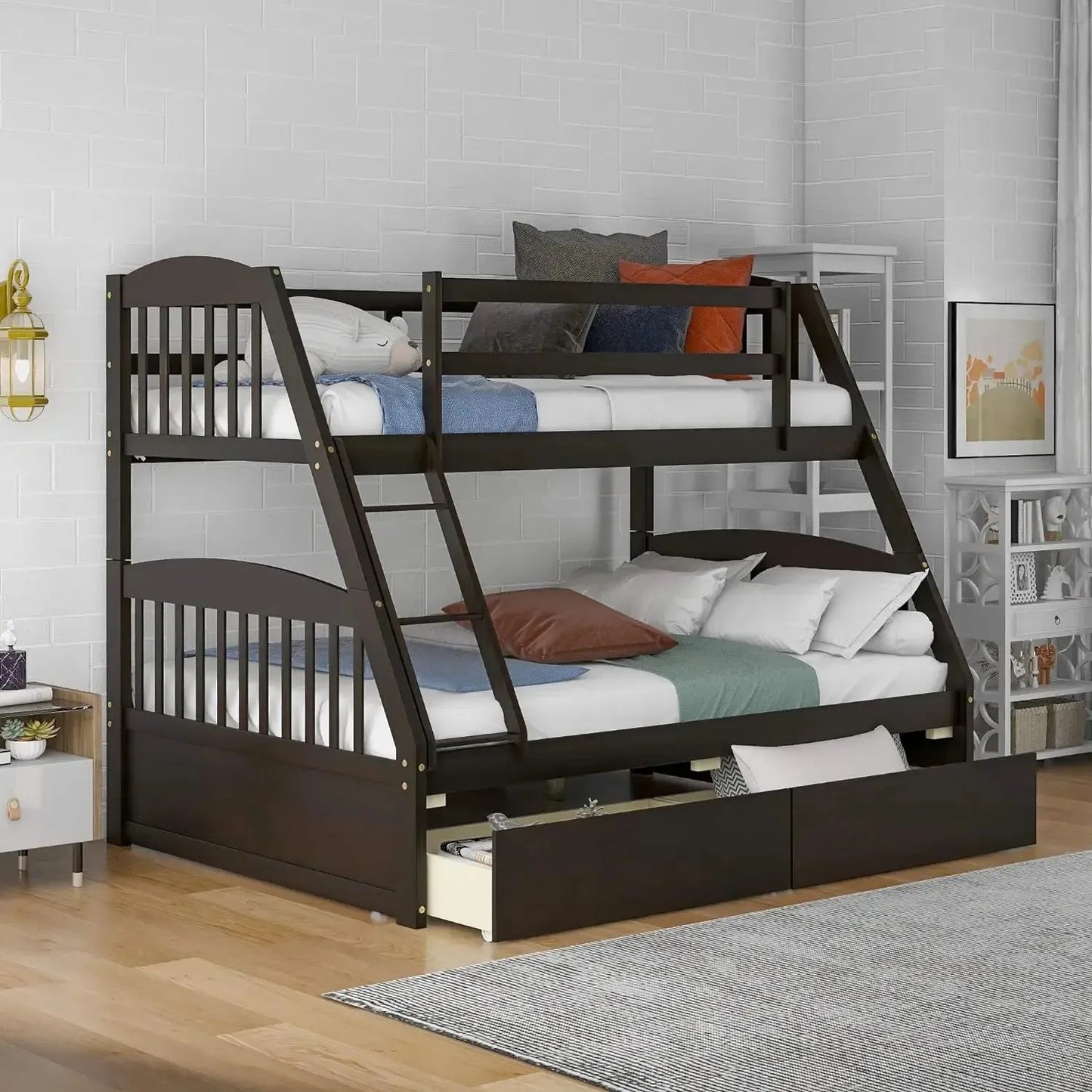 Solid Wood Twin Over Full Bunk Bed with Two Storage Drawer,Convertible to 2 Separated beds (White) bunk beds for kids - Home Fusion