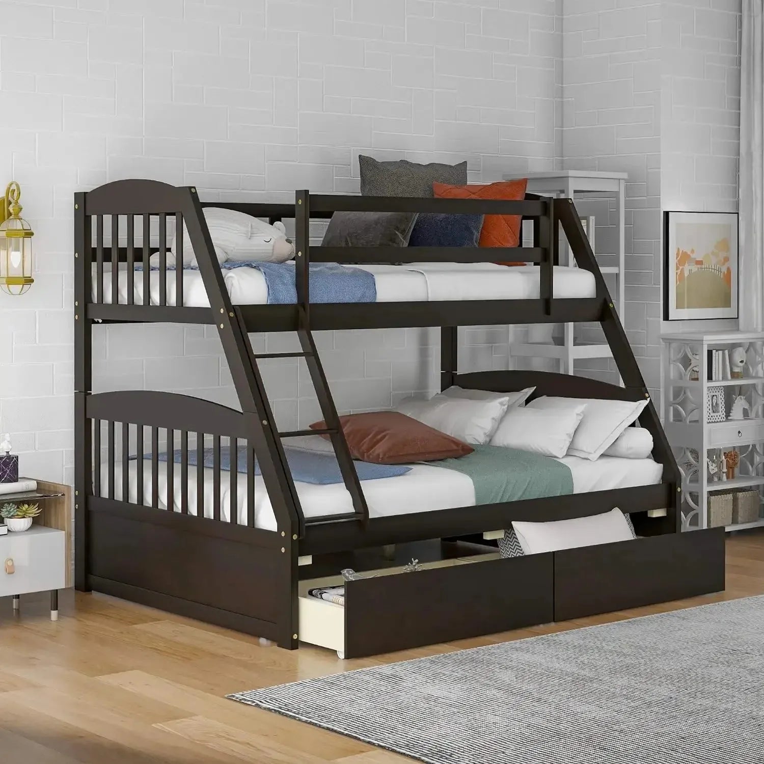 Solid Wood Twin Over Full Bunk Bed with Two Storage Drawer,Convertible to 2 Separated beds (White) bunk beds for kids - Home Fusion