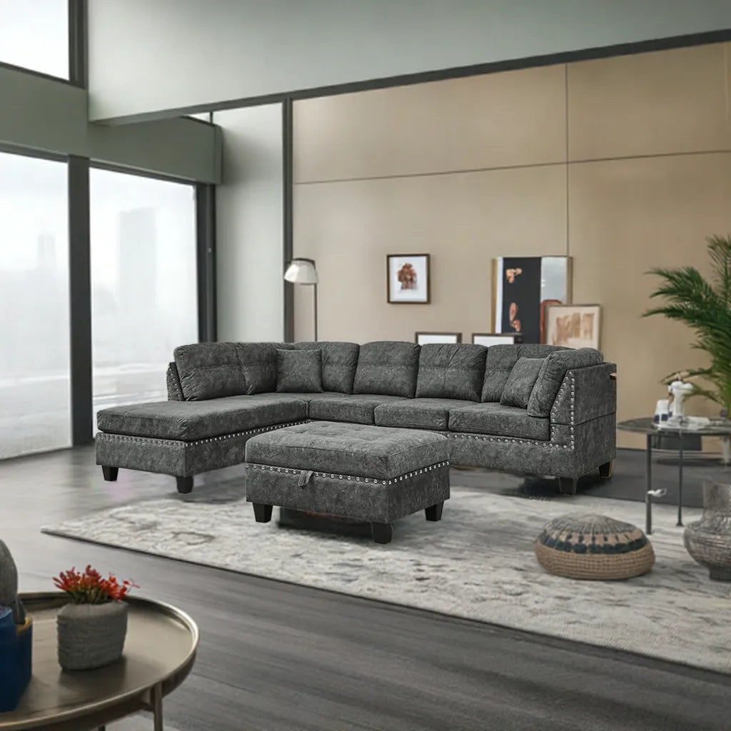 Living Room Furniture Sets,Sectional Sofa with Storage Ottoman,L-Shaped 2 Pillows&Extra Wide Reversible Chaise,