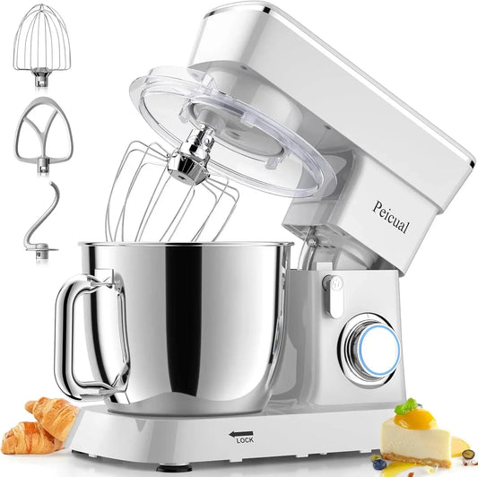 Dough mixer for home with stainless steel bowl, multiple speed settings, and whisk attachments for baking