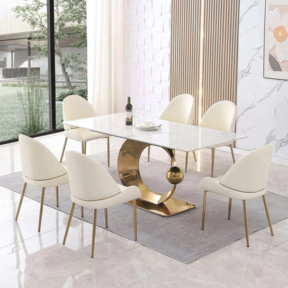 "71-Inch Carrara White Stone Dining Table with Gold Pedestal Base