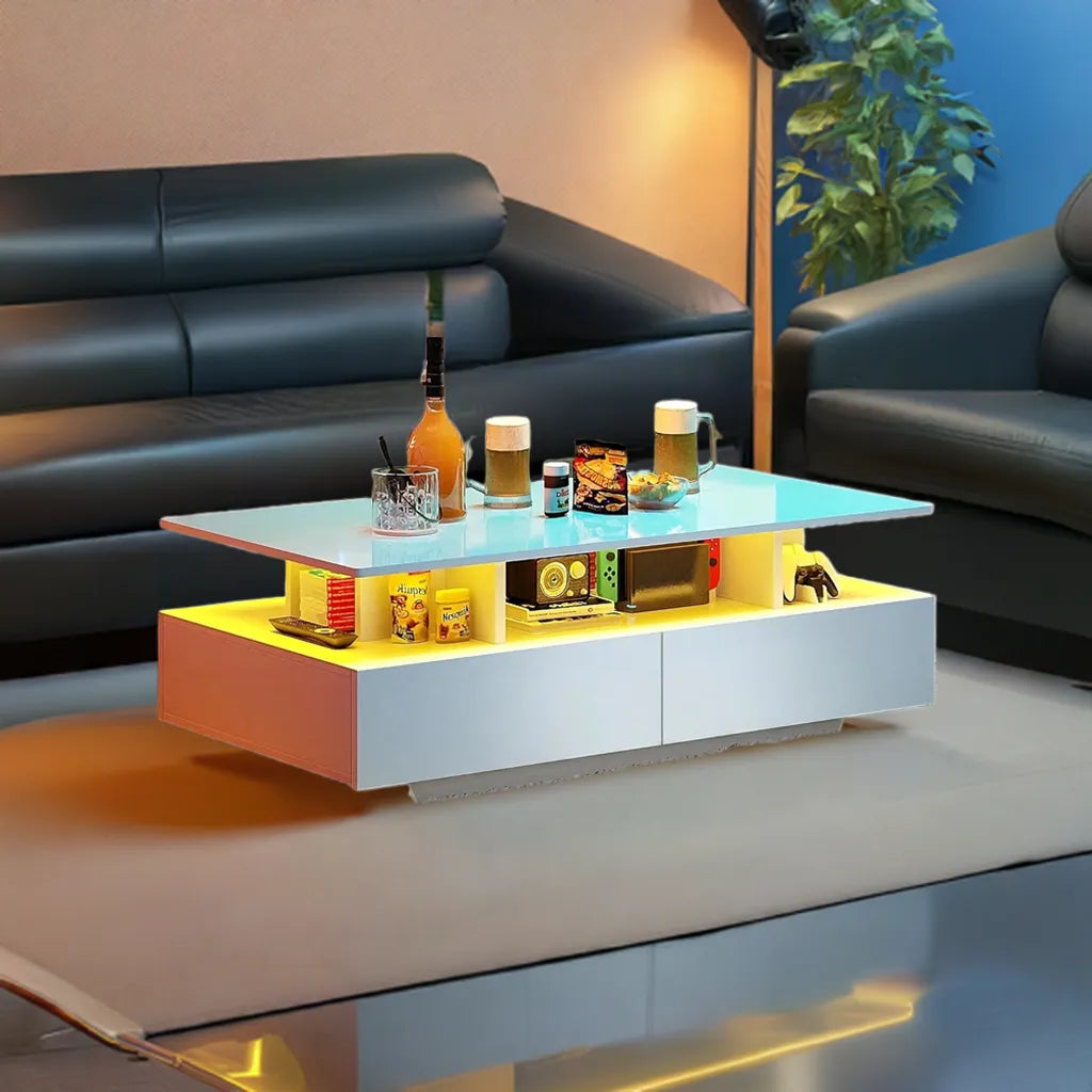 YITAHOME LED Coffee Table with Storage, High Glossy LED Coffee Tables for Living Room, Small Center Table with Open Display Shel - Home Fusion