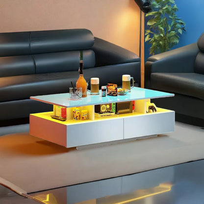 YITAHOME LED Coffee Table with Storage, High Glossy LED Coffee Tables for Living Room, Small Center Table with Open Display Shel - Home Fusion
