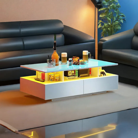 YITAHOME LED Coffee Table with Storage, High Glossy LED Coffee Tables for Living Room, Small Center Table with Open Display Shel