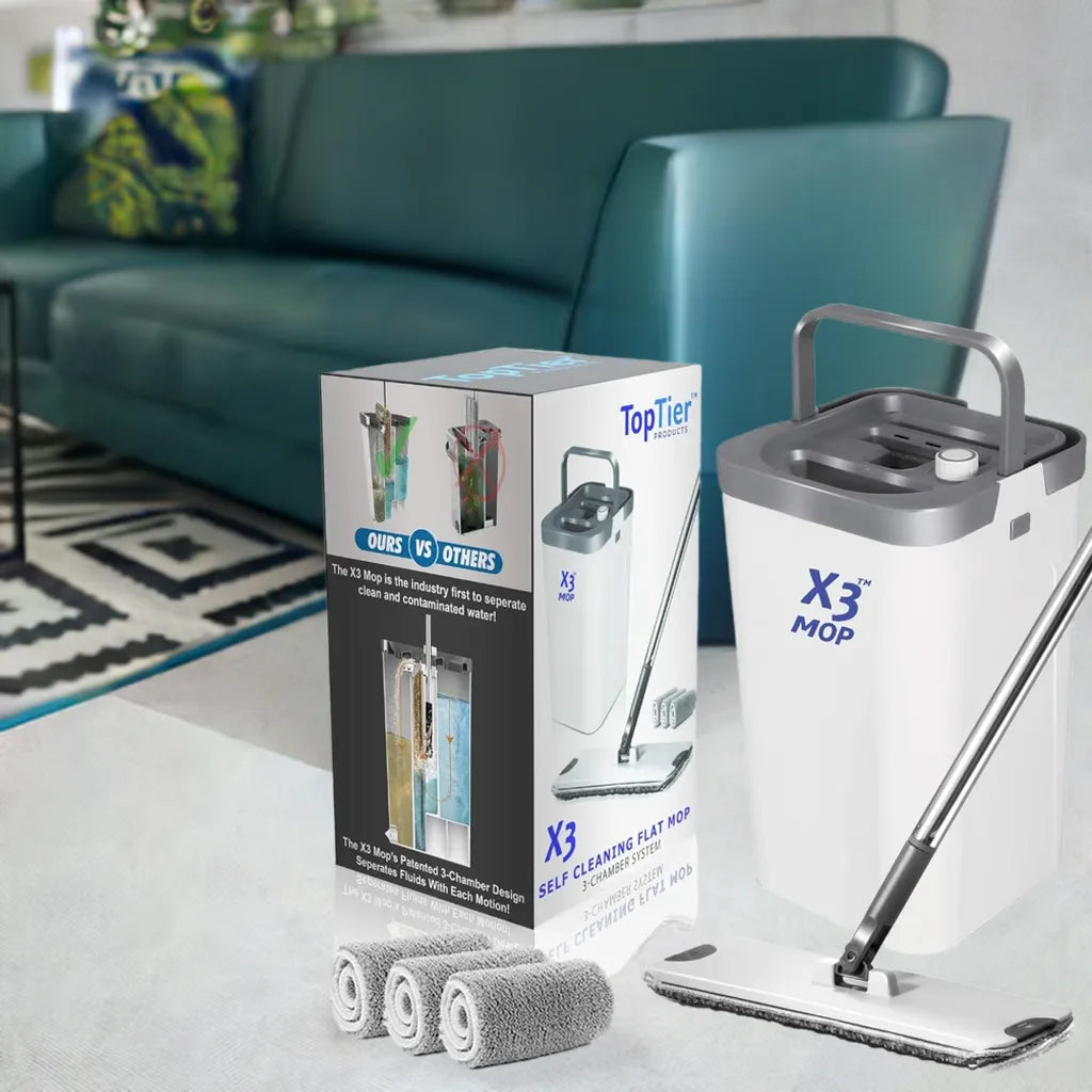 X3 Mop, Separates Dirty and Clean Water, 3-Chamber Design, Flat Mop and Bucket Set, Hands Free Home Floor Cleaning - Home Fusion
