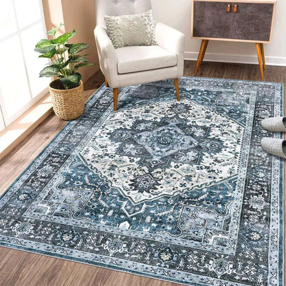 Washable Area Rugs 8x10 Living Room Rug Vintage Medallion Throw Rugs Soft Floor Cover Low Pile Non-Slip Accent Carpet Retro Rug