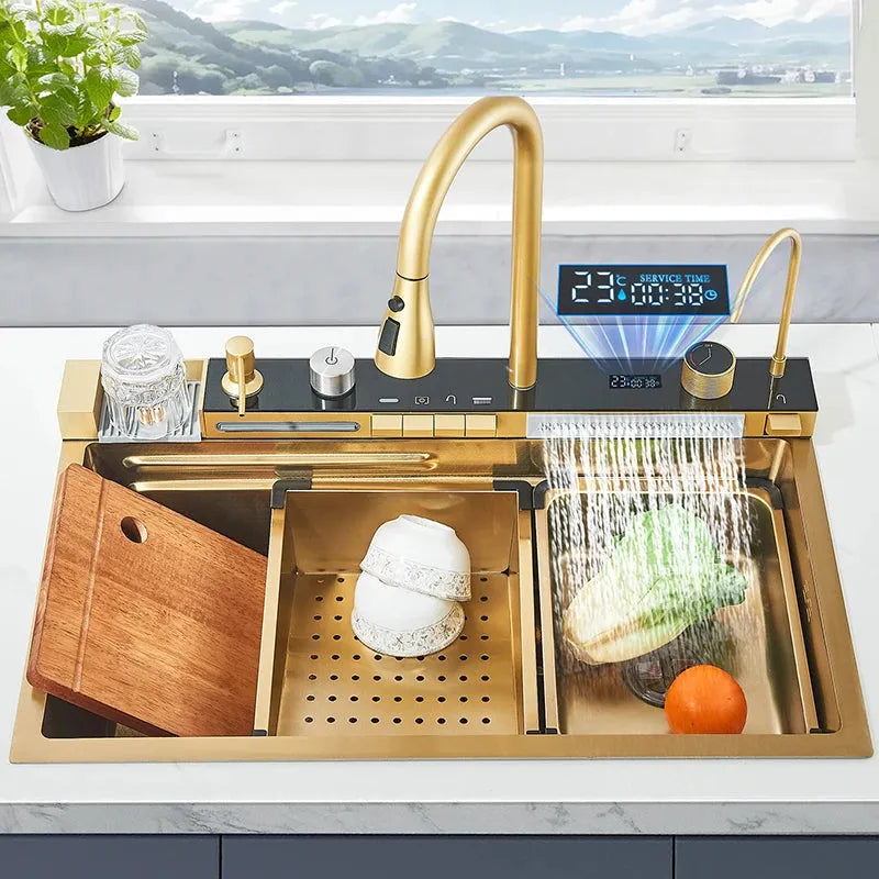 Stainless Steel Kitchen Sink with Faucet 75*45cm Large Single Bowl Digital Display Dish Basin Sink Waterfall Hot Cold Faucets - Home Fusion