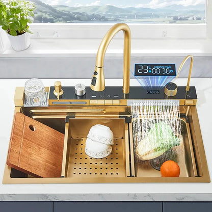 Stainless Steel Kitchen Sink with Faucet 75*45cm Large Single Bowl Digital Display Dish Basin Sink Waterfall Hot Cold Faucets - Home Fusion