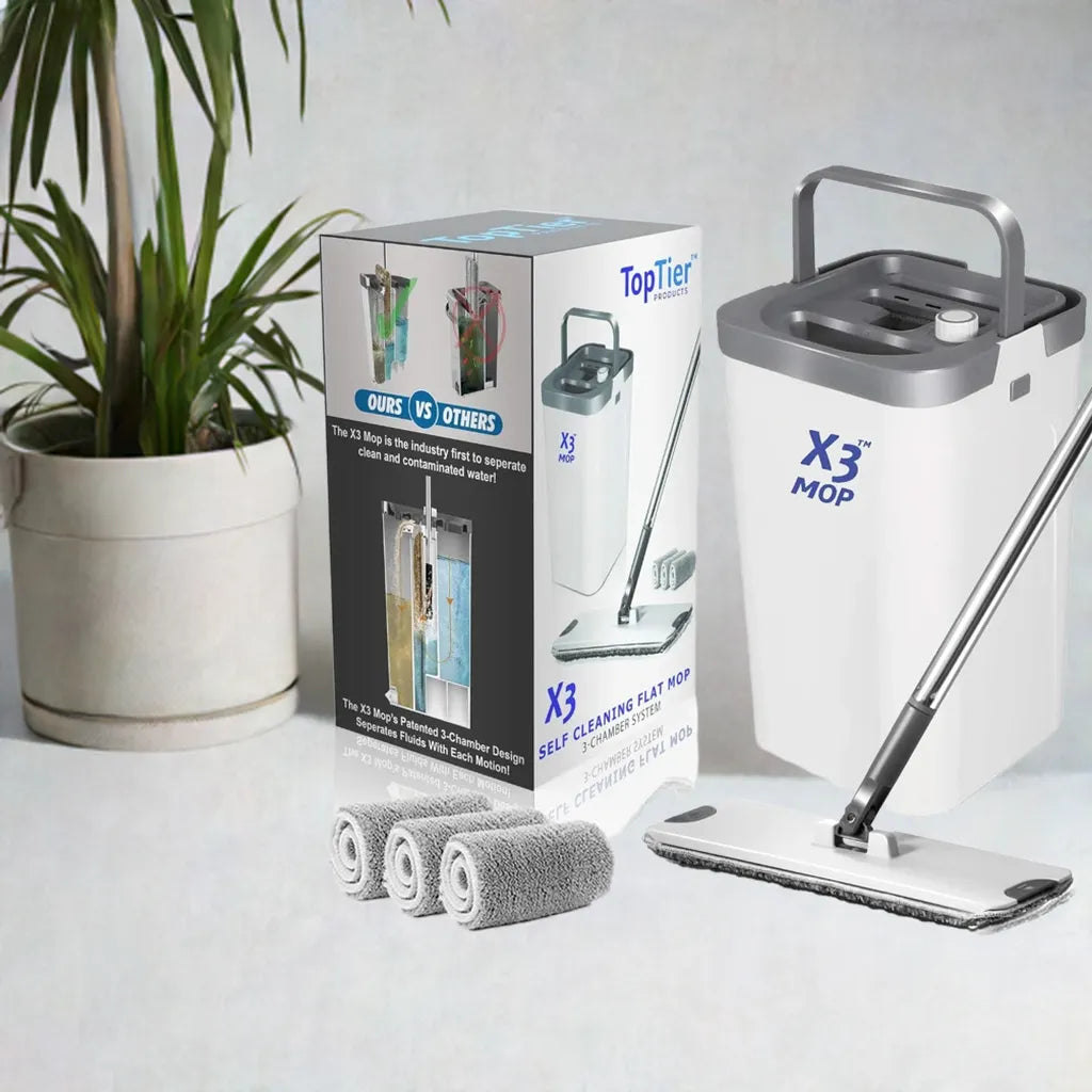 X3 Mop, Separates Dirty and Clean Water, 3-Chamber Design, Flat Mop and Bucket Set, Hands Free Home Floor Cleaning - Home Fusion